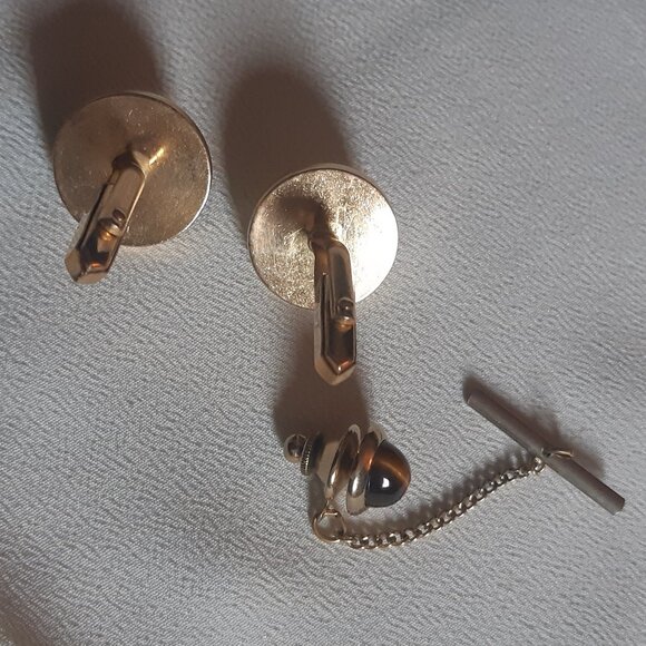 Vintage Tiger's Eye Cuff Link & Tie Tack Set Gold Tone - Picture 10 of 10